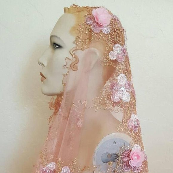 Blush Pink & Gold Embroidered Bridal Veil main image 8